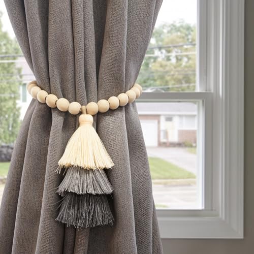 Magnetic Curtain Tiebacks with Wood Beads, Boho Rope Drapery Holdbacks with Triple Tassels, No Drill Curtain Holders for Farmhouse Bedroom, Living Room or Nursery,Set of 2, Beige Grey Charcoal - color: Beige/Gray/Charcoal
