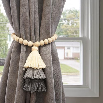 Magnetic Curtain Tiebacks with Wood Beads, Boho Rope Drapery Holdbacks with Triple Tassels, No Drill Curtain Holders for Farmhouse Bedroom, Living Room or Nursery,Set of 2, Beige Grey Charcoal - color: Beige/Gray/Charcoal