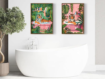 2 Pack Whimsical Tiger In Bathtub Wall Art Funny Bathroom Wall Art 16"x24" - color: Tiger in Bathtub, size: 16"x24"