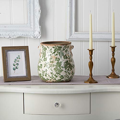 Nearly Natural 10 in Tuscan Ceramic Green Scroll Planter for Home Decor - size: 10in.