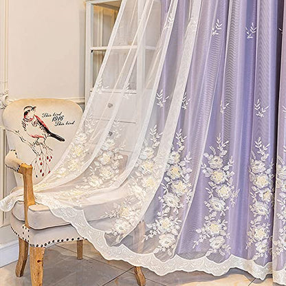 Amidoudou 1 Pair European 3D Flower Luxury Embroidered Curtains Double Layer Curtains with Valance for Living Room Bedroom (Purple,52x84 Inch) - color: Purple, size: 52"W x 84"L (Pack of 2)