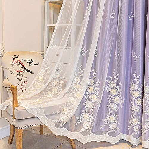 Amidoudou 1 Pair European 3D Flower Luxury Embroidered Curtains Double Layer Curtains with Valance for Living Room Bedroom (Purple,52x96 Inch) - color: Purple, size: 52"W x 96"L (Pack of 2)