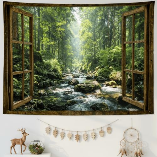 AMM Window Forest Tapestry 48x36 Inch | Green Nature Jungle Small Tapestry Wall Hanging, Rainforest Stream Landscape Wall Art, Ideal for Bedroom Dorm Living Room - color: Green Rainforest, size: 48"L x 36"W