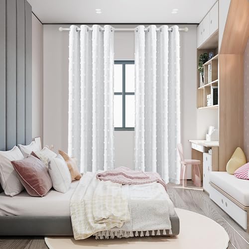 MYSKY HOME Blackout Curtains for Kids Bedroom 100% Light Block Out Thermal Insulated Curtain 72 Inches Grommet Room Darkening Curtains Privacy Window Drapes with White Pom Pom Sheers?2 PCS, 50" x 72" - color: White Pom Pom, size: 50"W x 72"L (Pack of 2)