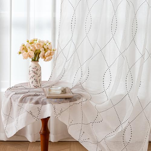 VISIONTEX White Sheer Curtains Grey Dots Moroccan Embroidered 84 Inches - color: Dots-grey, size: 54"W x 84"L (Pack of 2)
