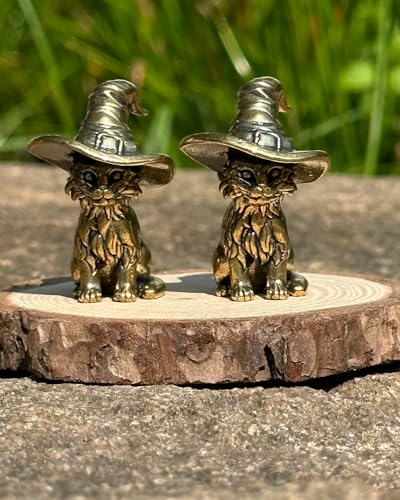 2Pcs Brass Witch Cat Statues, Mini Wizard Hat Figurines for Shelf Desk