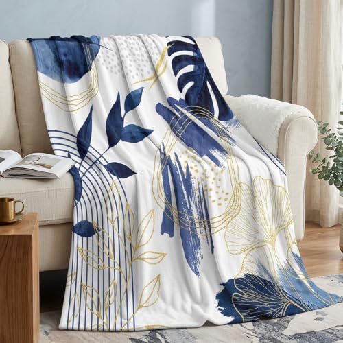 Blue Leaf Throw Blanket, Navy Blue and Gold, 50x60 in - color: Blue, size: 50"Wx60"L