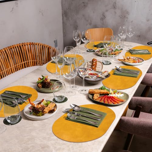ADRIMER Oval Placemats Set of 6, Wipeable Faux Leather, Yellow - color: Yellow
