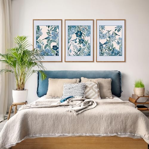 Aurlan 3 Pcs Blue Birds Flowers Framed Canvas Wall Art 16x24 Inch - color: Blue Birds on Botanical, size: 16"L x 24"W