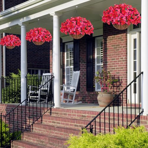 HyeFlora Artificial Fake Hanging Flower Plants Basket for Outdoors Fall Decoration, Faux Bougainvillea Flowers in Planter Look Real UV Resistant Silk Flower for Outside Porch Patio Garden Home Decor - color: Hotpinkred