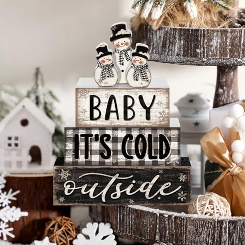 Yousoontic 4 Pcs Winter Snowman Plaid Figurines Set, Rustic Farmhouse Decor - style: Winter Snowman