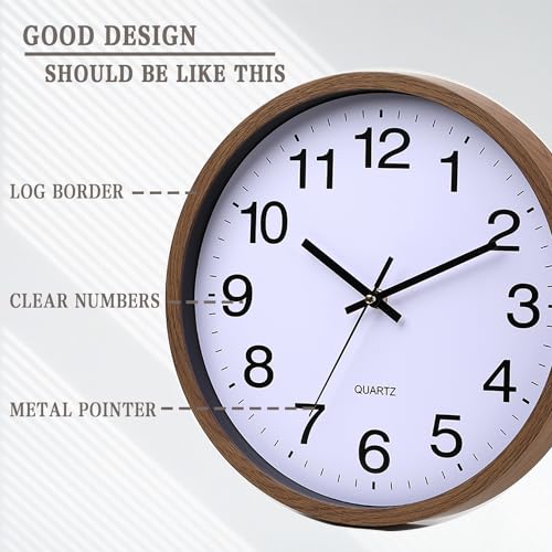 Wall Clock 12 Inch Wooden Frame Glass Cover Non-Ticking Number Quartz Modern Quartz Design Decorative Bedroom Kitchen Office Classroom Dark Brown - color: Dark Brown