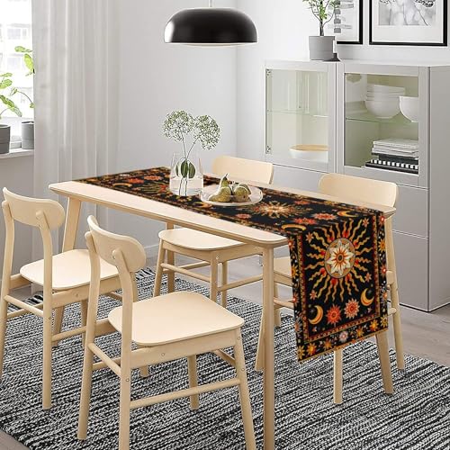 Sun Moon Table Runner,Bohemian Indian Orange Hippie Mystery Celestial Starry Night Mandala Moon Phase Tabletop Restaurant Dining Kitchen Wedding Party 13x36 Inch - color: Moon Style-25, size: W13X L36