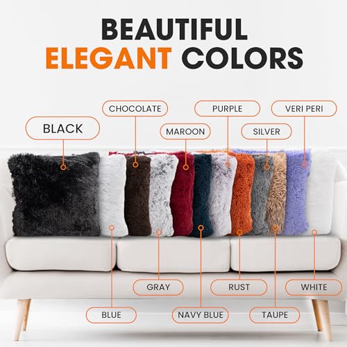 Cheer Collection Throw Pillows for Couch and Bed, Soft Shaggy Throw Pillows with Inserts Included, Cozy Long Hair Faux Fur Pillows - Set of 2-22" x 22" Black - color: Black, size: 22" x 22"