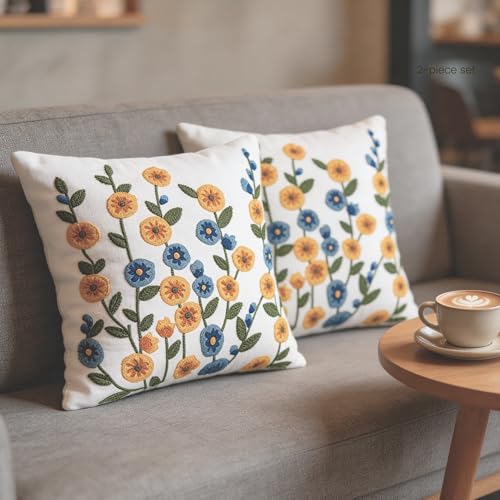 Embroidered Cotton Spring Summer Pillow Covers -18x18 inch Cute Countryside Style Comfortable Decorative Couch Pillow Covers, Suitable for Living Room Sofa Bed, Flower Style (2 pcs morning glory) - color: 2 Pcs Morning Glory