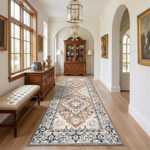 Lofus 3x8 Hallway Kitchen Washable Runner Rug, Boho Entry Long Carpet Brown - color: Floral Brown, size: 3' x 8' (Runner)