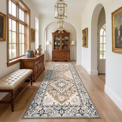 Lofus 3x8 Hallway Kitchen Washable Runner Rug, Boho Entry Long Carpet Brown - color: Floral Brown, size: 3' x 8' (Runner)