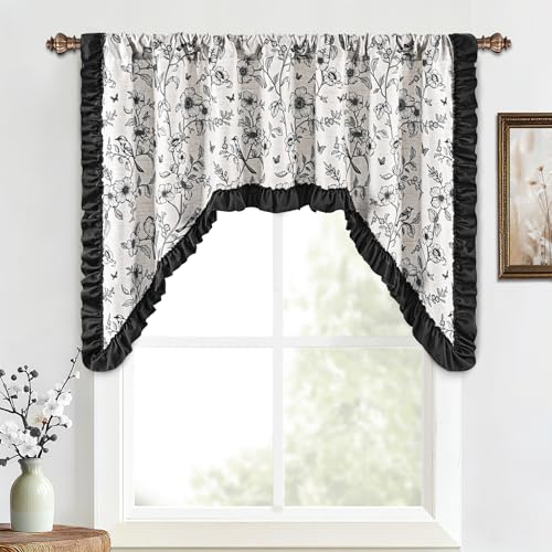 Yinhua Floral Valances for Windows, French Country Ruffle Swag Curtains, Linen Light Filtering Window Valances Rod Pocket Kitchen Curtains Valance for Living Room, 60" W x 36" L, 1 Panel, Black - color: Black, size: 60"W x 36"L (Pack of 1)