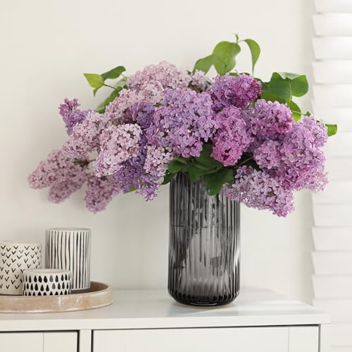 Modern Glass Vase 10 Inch Tall Grey Vases for Flowers-Thick Glass Cylinder Ribbed Vases for Bouquet, Table, Kitchen Shelf, Countertop, Decorative Flower Vase for Home Decor Living Room - color: Gray, size: Medium - 10''H
