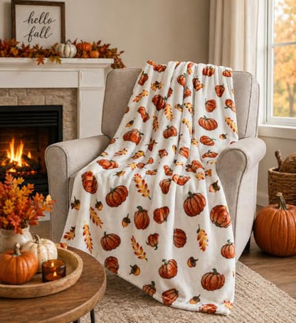 Fall Soft Fleece Throw Blanket, Pumpkin Leaves Wheat, 50" x70 Oversized - color: Fall Harvest