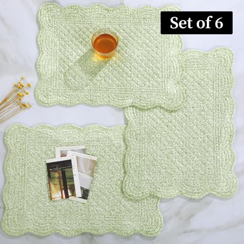 HOMBYS Quilted Placemats Set of 6 Washable-13x18 inches Rectangular Placemats for Kitchen Table-100% Cotton Fabric Rectangular Table Mats, (White with Light Green) - color: White With Light Green