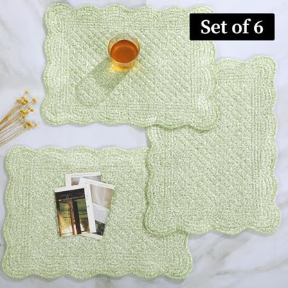 HOMBYS Quilted Placemats Set of 6 Washable-13x18 inches Rectangular Placemats for Kitchen Table-100% Cotton Fabric Rectangular Table Mats, (White with Light Green) - color: White With Light Green