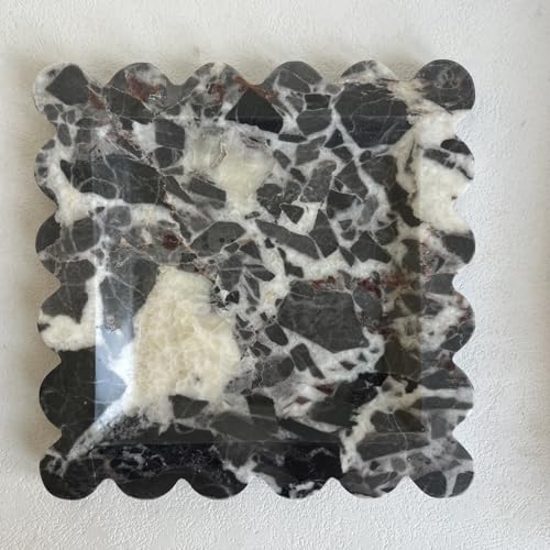 Vintage Natural Marble Tray Small Ornaments Scalloped Tray Handmade Storage Dish for Counter, Vanity, Dresser, Nightstand and Desk (Black White Brown) - color: Black White Brown