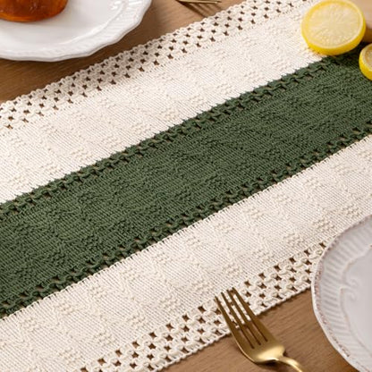 Boho Macrame Table Runner Ivory Olive Burlap Small Dresser Runner - color: Olive and White, size: 12" × 60"