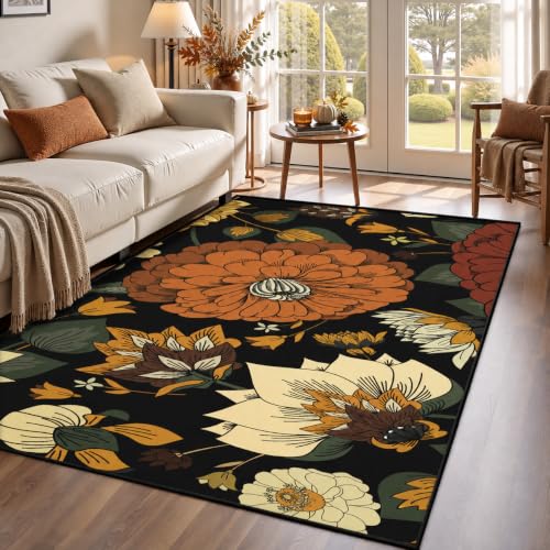 Tyrot Black Boho Floral 3x5 Area Rug, Washable Mid Century Modern Style - color: Warm Ember, size: 3' x 5' (Rectangular)