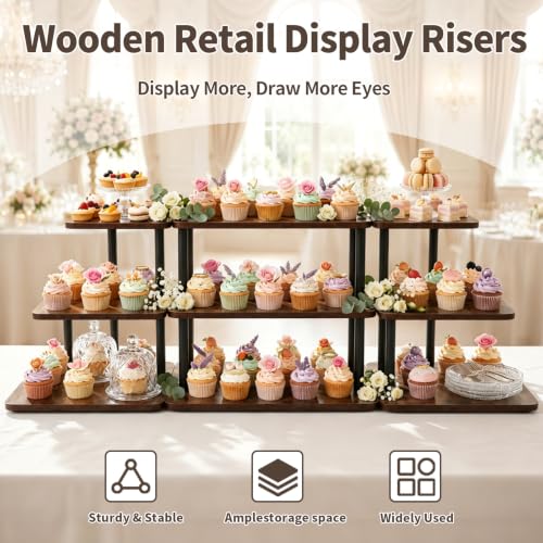 Retail Display Risers, 3 Tier Wooden Cupcake Stand Rustic Tiered Tray Stand