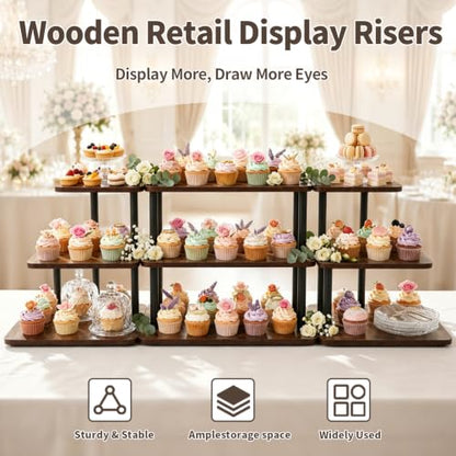 Retail Display Risers, 3 Tier Wooden Cupcake Stand Rustic Tiered Tray Stand
