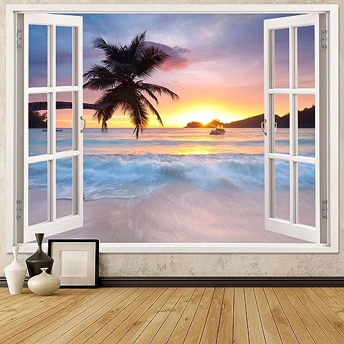 Leeisysme Beach Landscape Tapestry, Tropic Ocean Sea Island Palm Tree Seaside Tapestries for Living Room Summer Window Wall Hanging Yellow Wave 36×48 Inch - color: Yellow Wave, size: 48"L x 36"W