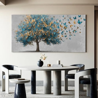 YISXINOAG Blue Gold Tree of Life Wall Art Butterfly Landscape Print 29"X58" - color: grey green, size: 58"L x 29"W