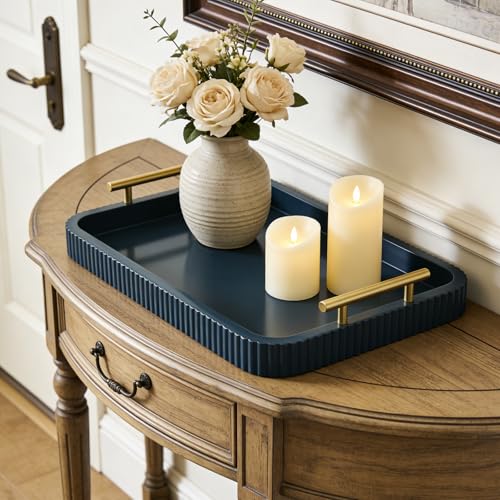 Rectangle Modern Wood Serving Tray with Metal Handles, High Gloss Blue Finish, 16x12 Inch Coffee Table Ottoman Tray for Storage and Display (Blue) - color: Blue