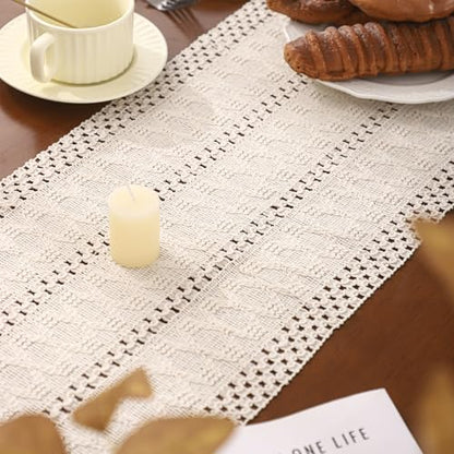 120 Boho Table Runner with Fringe Beige Stripe Fall Decor - color: Beige Stripes