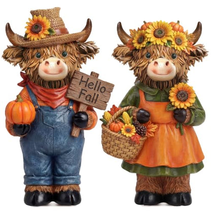 2 Pcs Fall Highland Cow Figurines Gifts, Resin Table Decor - style: Hello Fall