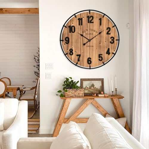 EMAX HOME Large Old Town Farmhouse Wall Clock 30 Inches Rustic Antique Wood with Metal Circle and Large Numerals Silent Battery Operated Wall Clock for Office Kitchen Bedroom Living Room - color: Brown, size: 30 Inch