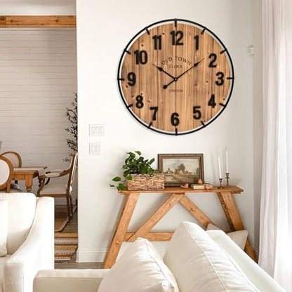 EMAX HOME Large Old Town Farmhouse Wall Clock 30 Inches Rustic Antique Wood with Metal Circle and Large Numerals Silent Battery Operated Wall Clock for Office Kitchen Bedroom Living Room - color: Brown, size: 30 Inch