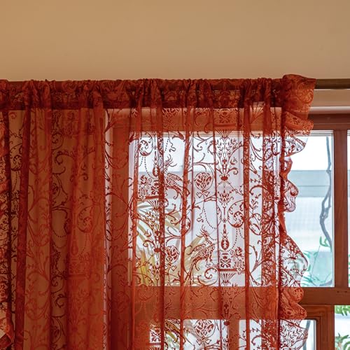 TUDECO Orange Curtains for Living Room - Bright Floral Curtains 72 Inch Length, Light Filtering Sheer Ruffled Rod Pocket Rust Room Decor 2 Panels, 59W x 72L Inch, Burnt Orange - color: Burnt Orange, size: 59"W x 72"L (Pack of 2)
