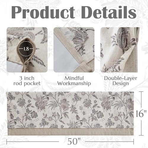 jinchan Floral Valance Curtain Linen 16 Inch Farmhouse 1 Panel Grey - color: Jacobean | Grey, size: 50"W x 16"L (Pack of 1)