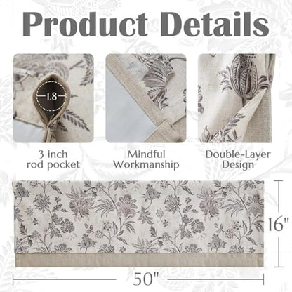 jinchan Floral Valance Curtain Linen 16 Inch Farmhouse 1 Panel Grey - color: Jacobean | Grey, size: 50"W x 16"L (Pack of 1)