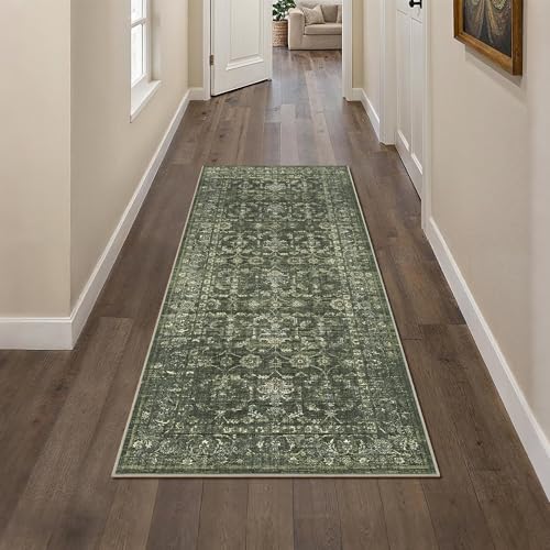 2x5 Washable Kitchen Runner Rug Non-Slip Boho Dark Green Throw Carpet - color: Dark Green, size: 2' x 5' (Runner)