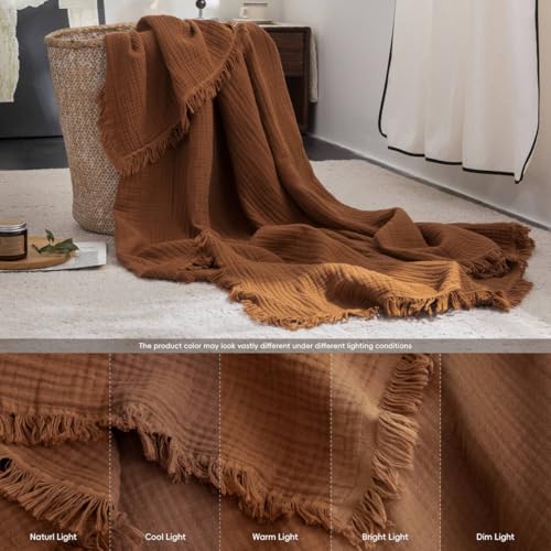 FOSSA Muslin Blanket 4-Layer 100% Cotton Gauze Blanket with Fringe 90"x90" - color: Dark Orange, size: Queen (90" × 90")