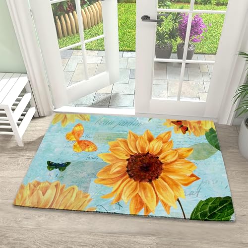 Retro Sunflowers Welcome Door Mat, Colorful Butterflies Door Mat for Outside Entrance Home Decor, Non-Slip Carpet Rugs with Entryway Mat for Patio Indoor Front Door 17" x 30" - color: Watercolor Sunflowers and Butterflies