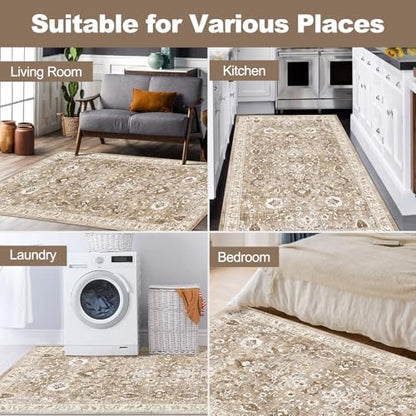 LOKHOM 3x5 Washable Area Rug, Boho Floral Non-Slip Kitchen Area Mat, Beige - color: Beige Brown, size: 3' x 5' (Rectangular)