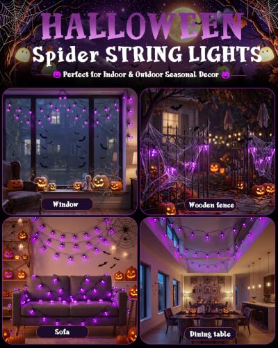 12FT Halloween Purple Spider String Lights, Plug-in 20 LED Decor - color: Purple Spider Lights