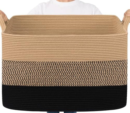 Goodpick 105L Extra Large Woven Rope Blanket Basket, Rectangle, Black Jute - color: Black Jute, size: XX-Large(25"L x 16"W x 16"H)