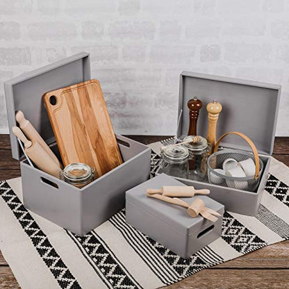 Creative Deco Large Gray Wooden Box Storage with Hinged Lid - color: Gray, size: L | Handles