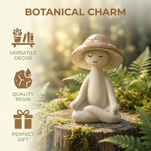 Meditation Mushroom Figurine Resin - Yoga Mushroom Statue for Desk Shelf Garden Decor, Cute Zen Mushroom Sculpture Figurine for Home Office Patio Decoration Gift