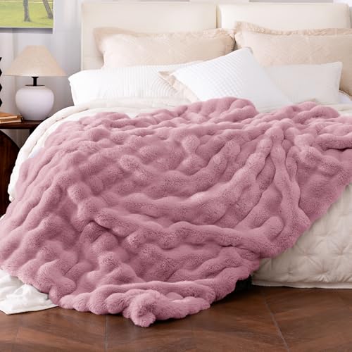 Ultra Soft Cozy Faux Fur Throw Blanket, Fuzzy Plush Thick Bubble Blanket, Oversize Luxury Fluffy Blanket for Couch, Bed, and Living Room, 60x80 Inches, Pink - color: Pink, size: Twin(60" X 80")